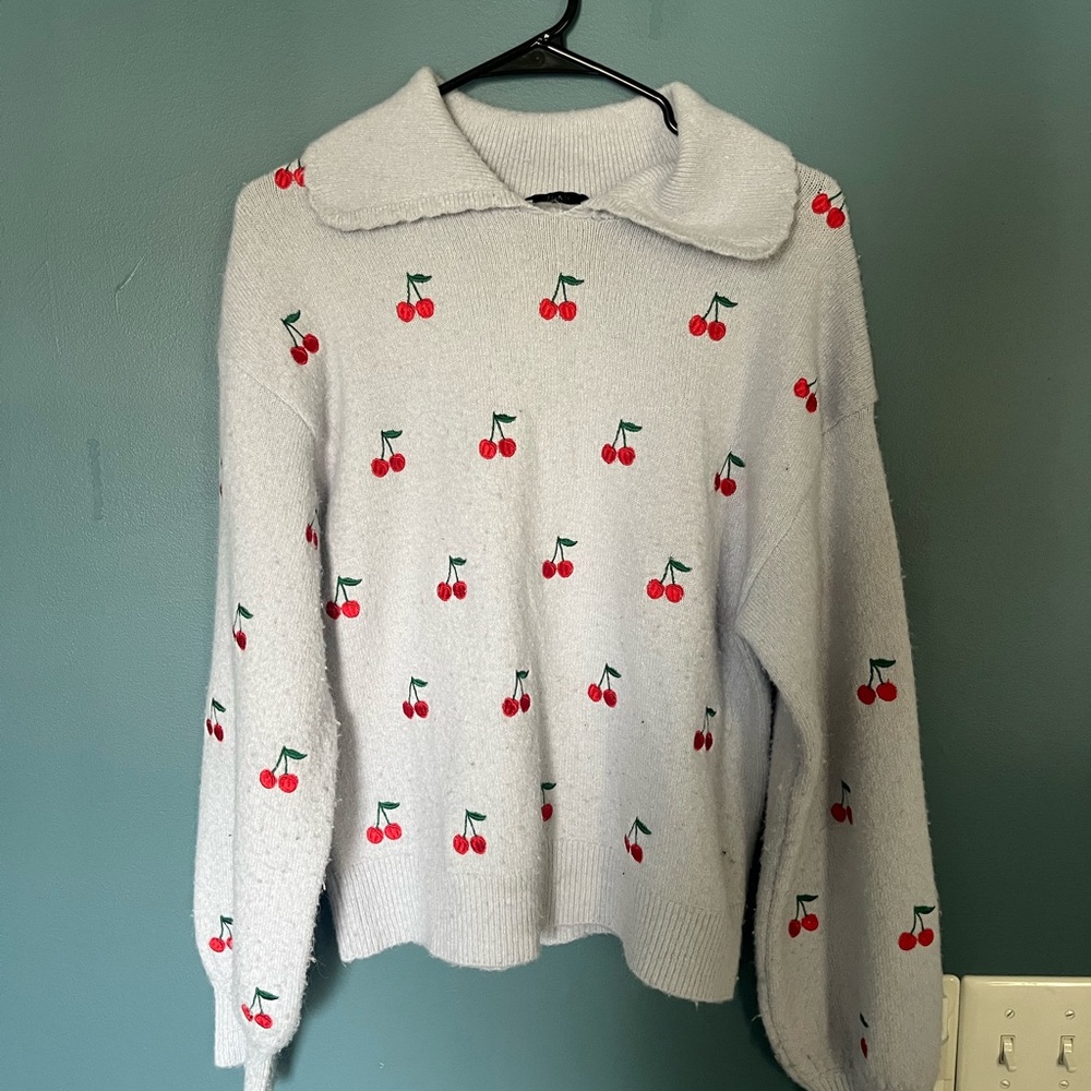Cherry Embroidered Baby Blue Sweater